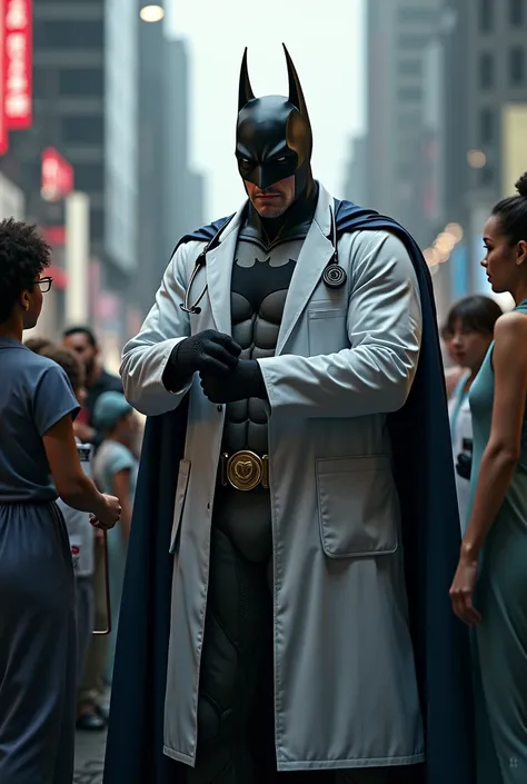 Batman dressed as a doctor helping people