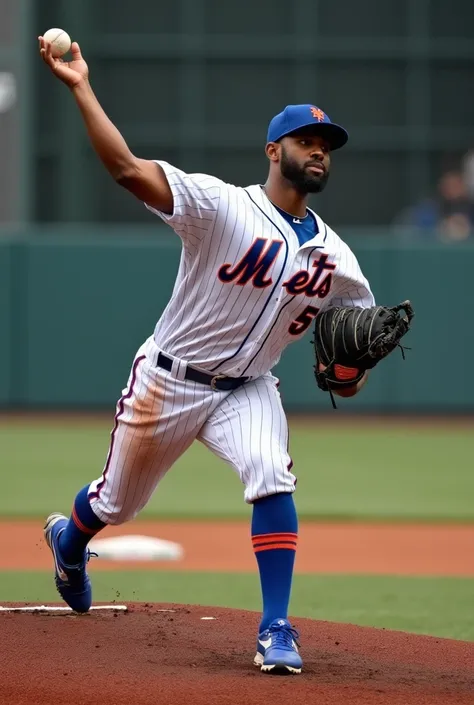 Create a baseball jersey with the number 5 y with the name  " Sánchez " And that it belongs to the Mets and that the shirt is worn by a black pitcher , And that the image is from his back while he is shooting and that he has his pants around the knee with ...