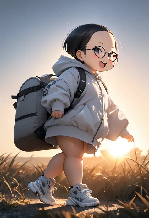 (chibi:1.9),RAWphoto,photorealistic,8k16k,best quality,perfect anatomy,perfect detailed,ultra highres, extremely detailed eyes and face,gleaming skin,shiny skin,1girl,Japanese,black short hair,pixie cut, (wearing glasses:1.3),(parted bangs,forehead:1.2),ro...