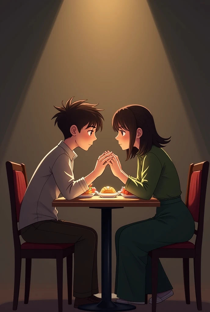 A couple sitting at a table with dinner set , The man is a little shaken and the two hugged