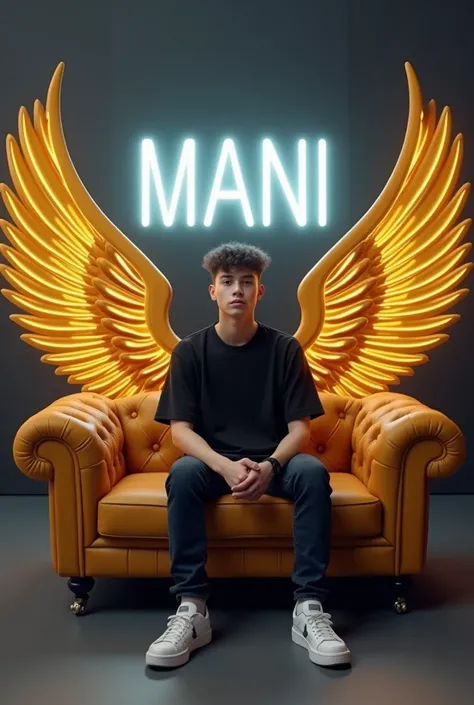 create 3D profile pictures.A 25 years of old boy with black shirt and jean with sneakers sitting causally in a big golden wings sofa .there should not be shadow on Dark grey wall. There is written "Mani" in capital letter  white neon light font on wall. He...