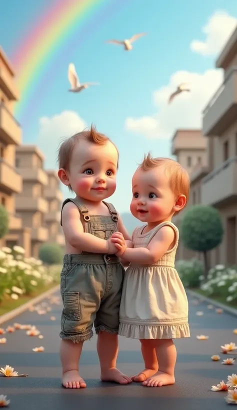  Generate a very realistic, standing, full-body image IMG _ 1025 HEIC image of a cute 2-month-old male baby wearing a torn old outfit holding a cute 2-month-old female baby with one hand wearing an old knee-length dress. Both with the body and face facing ...