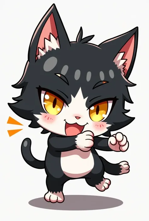 cat, chibi style,This cat should be black on top and have white paws, nose and tummy. He is an ordinary cat, and a bit of a “bad boy”. His hair could be messy. He has yellow eyes. He is known for his troublemaking and aggressive behavior. He craves attenti...