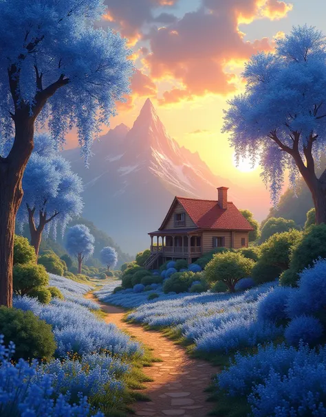 beautiful landscape of a house with a stunning view of the mountains in the background. The sky is painted with a warm orange and yellow hue, indicating that it is either sunrise or sunset. The house is surrounded by a pathway lined with blue flowers, crea...