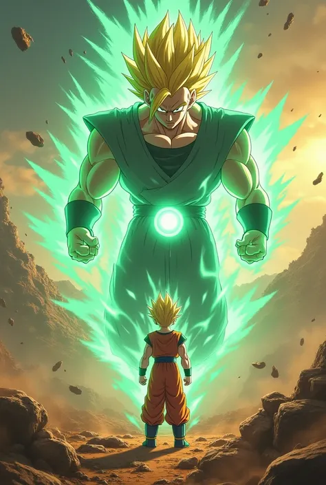 . Gohan vs. Cell
" A field devastated by explosions ,  with destroyed mountains and the sky shades of yellow and orange due to dust and energy released. Gohan is at the center ,  with golden hair shining in his Super Saiyan 2 ,  surrounded by an intense bl...