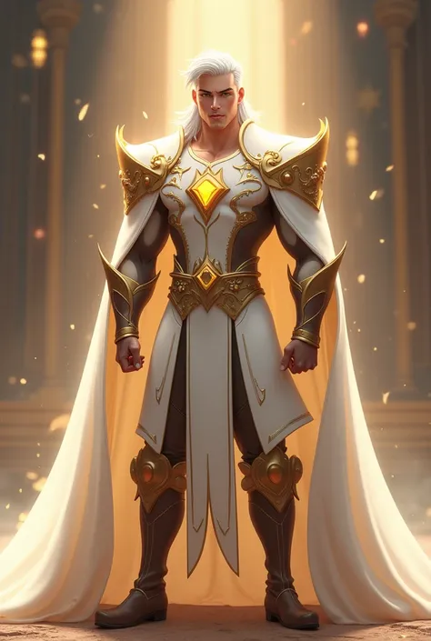  make a warrior prince ,  that his costume is white with gold ,  who has white hair , brown eyes, Red lips, leather-colored leather ,  and that his magic amulet is a diamond-shaped necklace, coffee boots, transparent cape with sparkles ,  Disney animation 