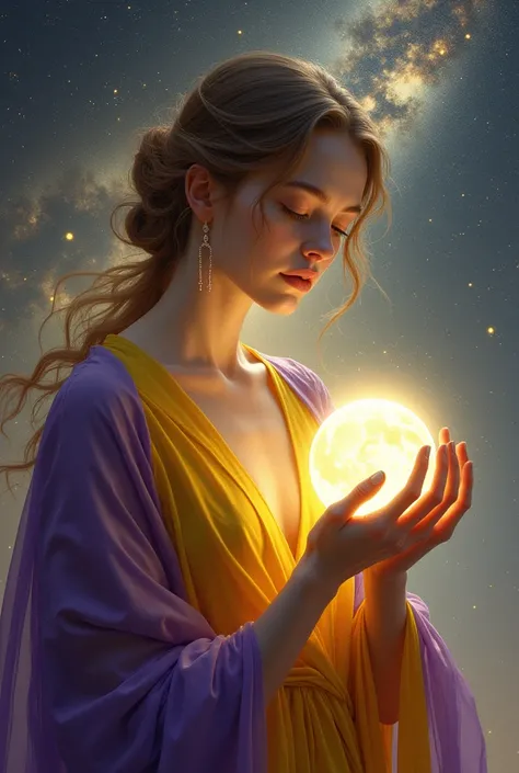 " Portrait of a woman in a heavenly setting , wearing purple and yellow clothing ,  while holding a small globe of light that reflects the surrounding stars."
