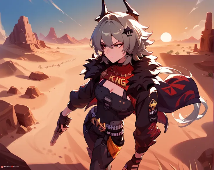 Caesar King (Zenless Zone Zero), medium long hair, gray hair, desert, sunset