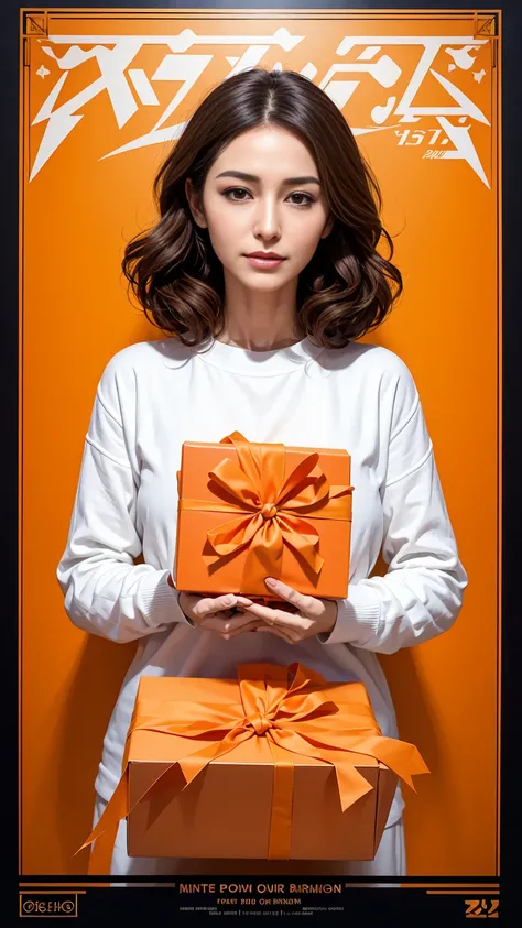 poster design，Lots and lots of huge orange gift boxes，Flowers，Ribbon，White crewneck shirt，fantasy，Minimalism，fantasy，in style of Hayv Kahraman