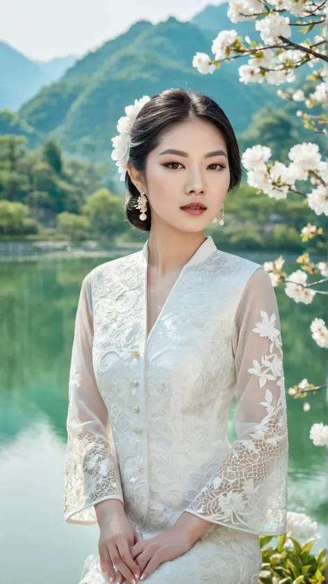 Portrait of a beautiful Asian female model, 25 years old, porcelain white skin, using high-end cosmetics, wearing a short white dress with exquisite and brilliant brocade embroidery. The background is a peaceful lake with undulating mountains and rows of g...