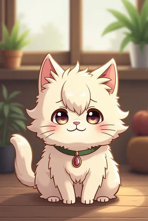 cat, chibi style, An older, wise, and nurturing Persian cat with long fur. She is a source of comfort and wisdom. She is cautious and protective of her friends,

Her pose could be less dynamic, like sitting down calmly.
