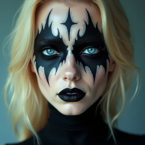  Blonde woman , ojos azules, face painting estilo black metal, beautiful, face only, 8K.