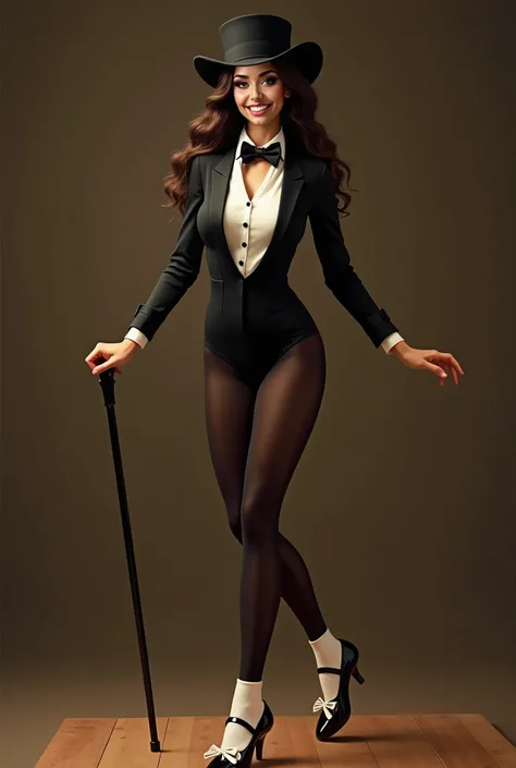 A beautiful Mexican American woman wearing a black bodysuit tuxedo leotard, with a white shirt under, black top hat, black bow tie with a white collar around her neck, black Mary Jane tap shoes, with small white socks, tap dancing in her wardrobe, beautifu...