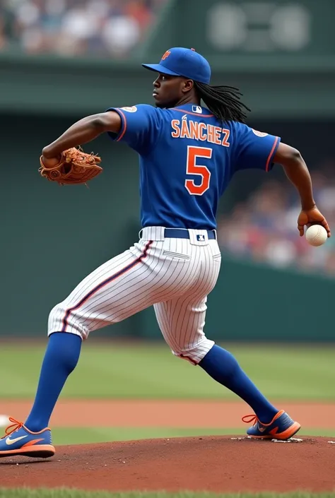 Create a baseball jersey with the number 5 y with the name  " Sánchez " And that it belongs to the Mets and that the shirt is worn by a black pitcher , And that the image is from his back while he is shooting and that he has his pants around the knee with ...