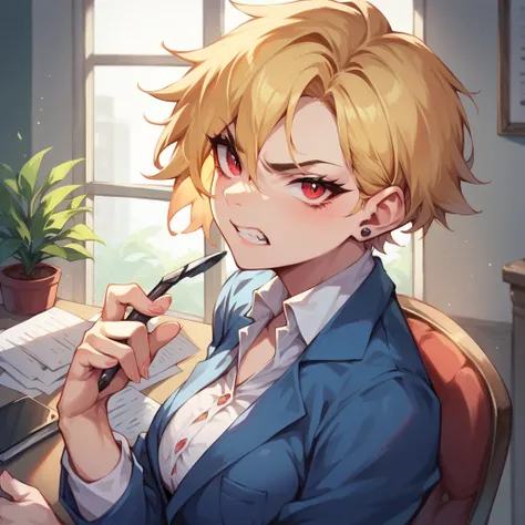 a tomboy with golden hair and red eyes is in a business suit. she looks angry and and grinning at you while in an office setting.