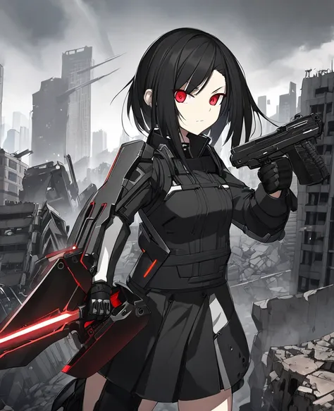 Girls Frontline, Sangvis Ferri, Executioner, tomboy, long black hair, light skin, red eyes, split bangs, black and grey outfit, black skirt, black short shorts, metal parts on body, right hand massive metal claw, giant sword, energy handgun, ruined city, H...