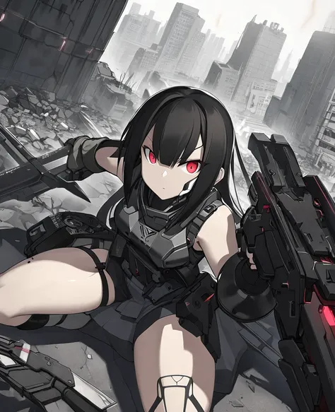 Girls Frontline, Sangvis Ferri, Executioner, tomboy, long black hair, light skin, red eyes, split bangs, black and grey outfit, black skirt, black short shorts, metal parts on body, right hand massive metal claw, giant sword, energy handgun, ruined city, H...