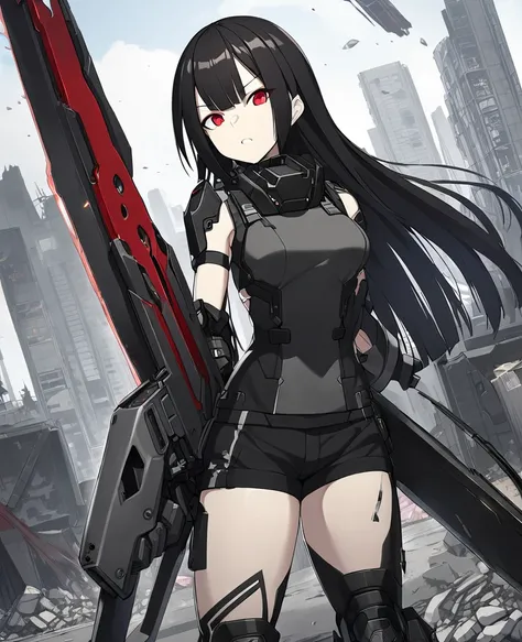 Girls Frontline, Sangvis Ferri, Executioner, tomboy, long black hair, light skin, red eyes, split bangs, black and grey outfit, black skirt, black short shorts, metal parts on body, right hand massive metal claw, giant sword, energy handgun, ruined city, H...