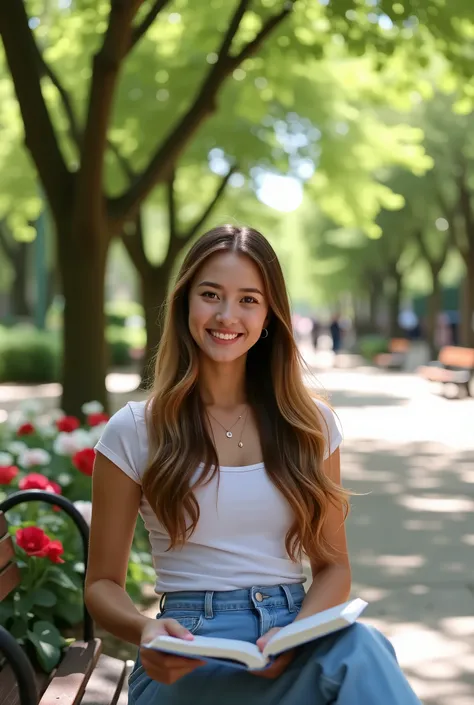A young woman wearing a casual outfit, with long flowing hair and a gentle smile. She is holding a book in her hands, seated on a bench in a lush public park with vibrant greenery, colorful flowers, and a few scattered benches. The background includes a wa...