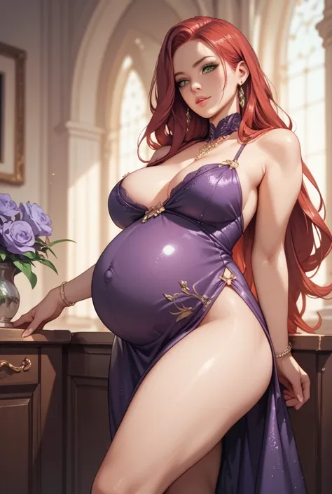 pregnant,  red hair ,  green eyes, Stiff thighs ,  long hair , wearing a purple dress , quality 