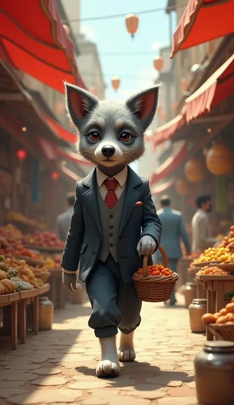 a gray dog, dressed as a human, is walking in the market to buy food, very busy market background