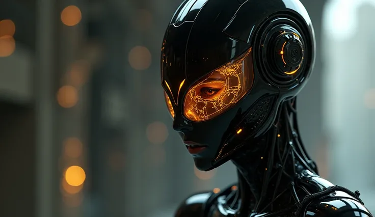 armed female figure in a black sci-fi suit, wearing a cyberpunk style shiny black helmet with robotic features, the reflection on her face is made of glowing golden wires with intricate details, (Artstation:1.1), (intricate:1.1), (great eye detail:0.7), so...