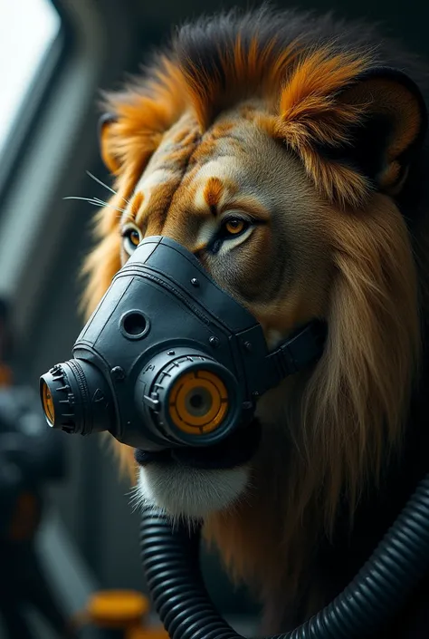 The lion has a breathing mask connected to a hose and an intense expression with its eyes closed.  In the upper left corner , there is a battery icon charging , partially visible looking from the front.