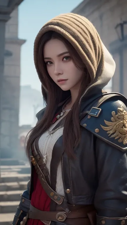  Full Body Photo of Princess Selda ,  Brown Hair ,  blue eyes , Assassin dressed as Assassins Creed , White+ Gold photo，配有White面具和金色細節的帽子, XL bust, Use wrist blade. background:  Renaissance City . Unreal Engine 5, animation, animation style, masterpiece, w...