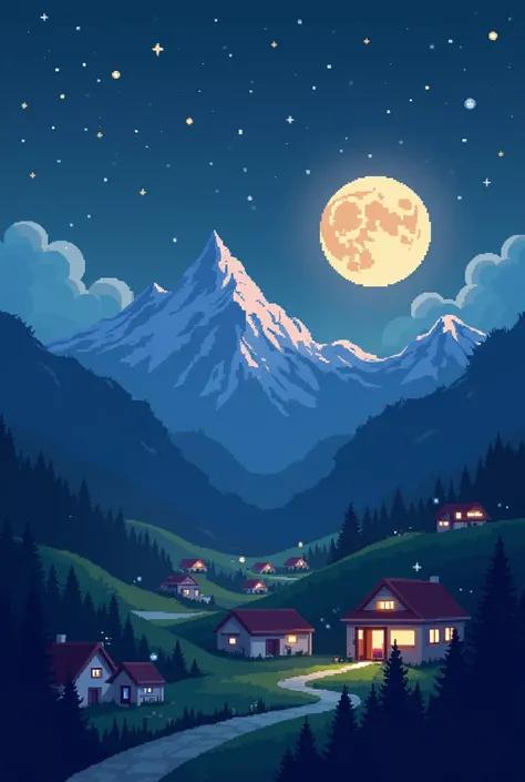 Pixel art village night time can see the moon and mountains For folded card