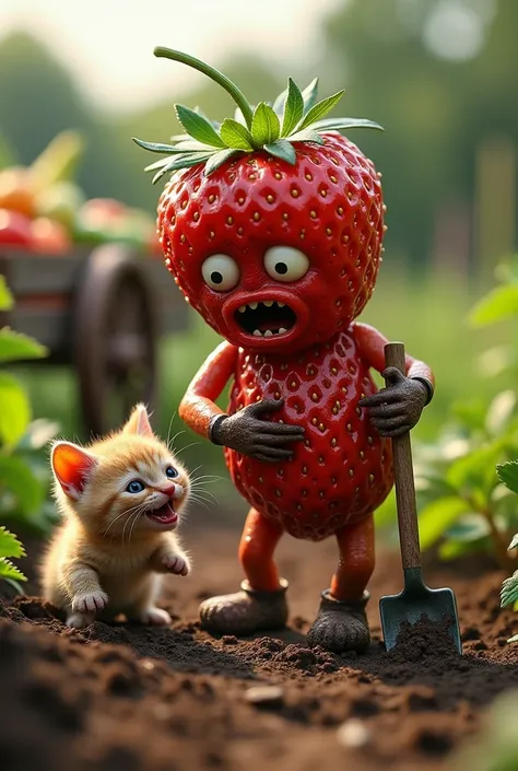 "A hyper-realistic scene of an anthropomorphic strawberry in a garden, its body covered in dirt and sweat, reflecting the effort of working in the soil. The strawberry has lifelike textures, with tiny seeds visible on its glossy surface and an expression o...