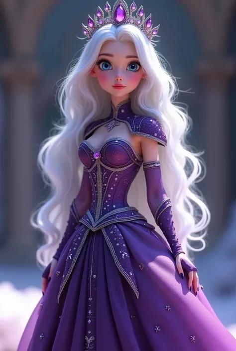 Woman with very long white hair purple dress studded with purple stones crown studded with purple stones Disney Pixar princess style blue eyes high collar dress