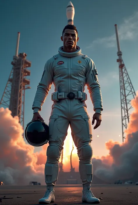 Cristiano Ronaldo as a Space Crew facing Front and holding space helmet in a rocket launching site 