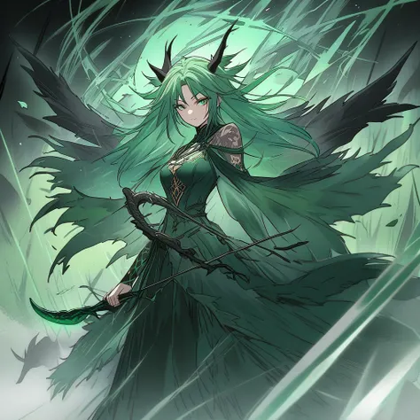 Anime. Ethereal green haired witch. She has black horns. She has black wings. She has tattoos. She is holding a hunting bow. There are wolves all around. 