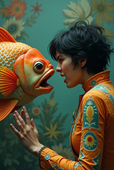  Realistic photograph of a woman with short and black messy hair dressed as a colorful fish, Shouted angrily at a round aquarium hand with fish with a human face
Retro printed background 