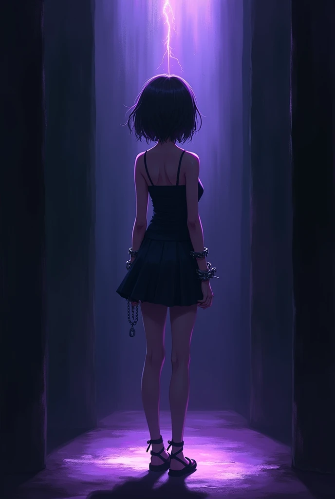  Image of an anime girl  , 2d ,  short hair ,  showing her butt  , backward , desnuda ,  without clothes ,  full body , standing , in the dark , with shackles on his ankles and wrists  , in the dark ,  with a violet aura around his body