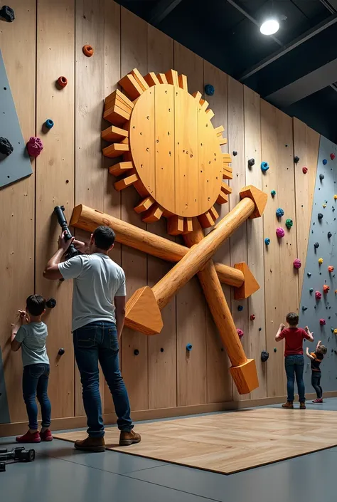 Logo that shows carpentry with hand drill building wall the size of a wall and that is professional sports scalding of an extended size of length and height for ren and adults who practice climbing bouldering with ren and adults climbing in the background ...