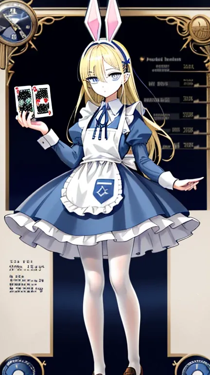 a giant pocket watch stands behind him, and playing cards fly all around him.wearing white apron on light blue short skirt dress, wearing light blue short skirt dress,""wearing ribbon like black bunny ear"", "Bunny ear ribbon" is generally refers to ribbon...