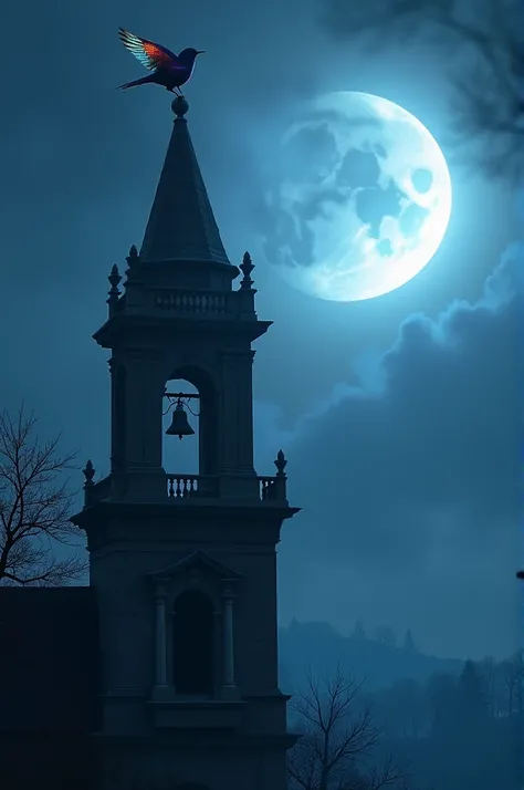 A singing bird on a bell tower with a bright moon