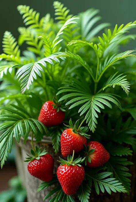 Create an image of a plant called Fruity Fern. It has lush, feathery green fronds similar to a Boston Fern, arching gracefully. At the base of the plant, there are small, bright red strawberries nestled among the fronds. The overall appearance is bushy and...