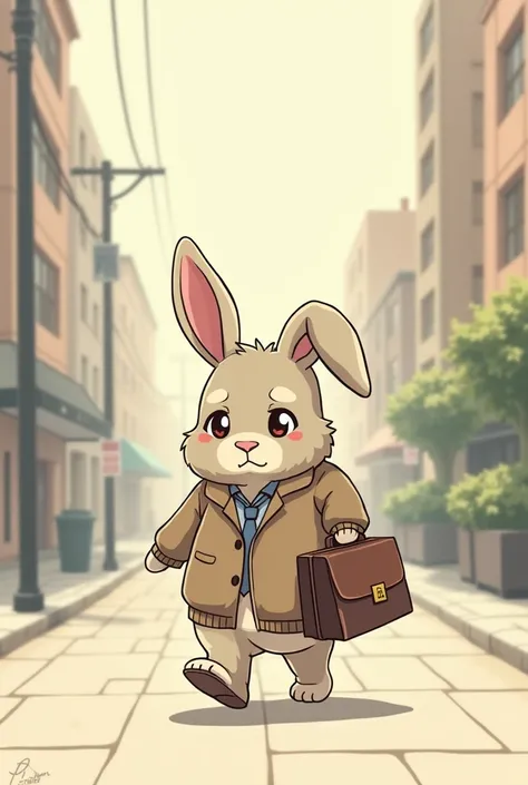 Cartoon anime-style cute rabbit ,  simpler as a drawing on paper, textured hair ,  with droopy ears and bright eyes ,  walking on the street with a briefcase , Triston and very tired 