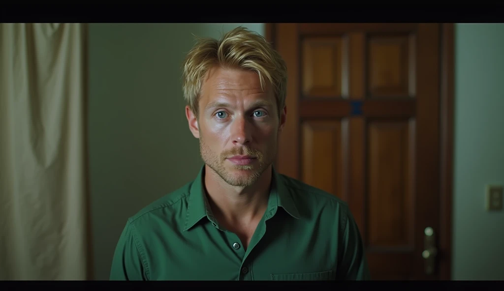  realistic portrait of a 35-year-old man with short blond hair ,Well groomed and blue eyes ,wearing a moss green shirt . He is standing in a room of a modest house.It&#39;s night.Full body image .  cinematographic composition , trend in art station
