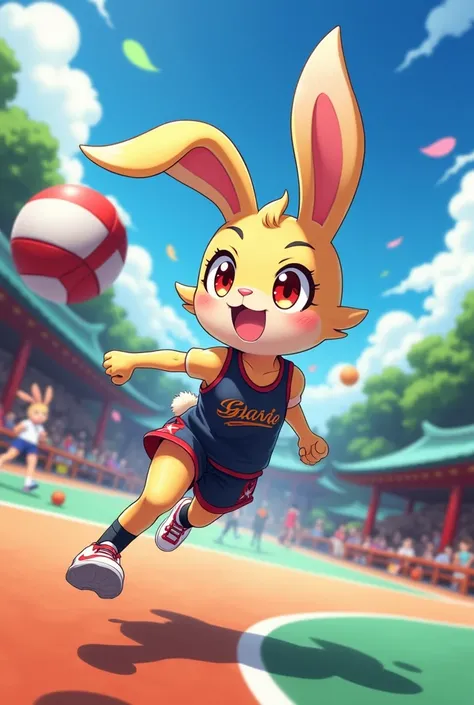 Create Japanese anime rabuda playing sports
