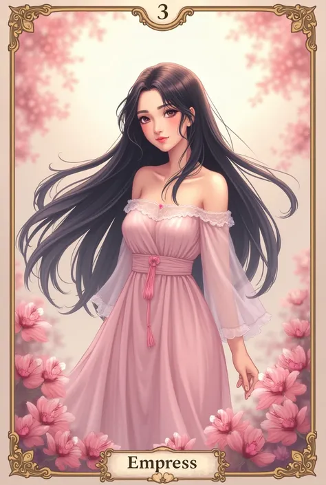  Tarot card illustration the Empress, girly idea, black hair, soft style, shades of pink and white . Anime stile,  with the title in down AND the numer 3 up