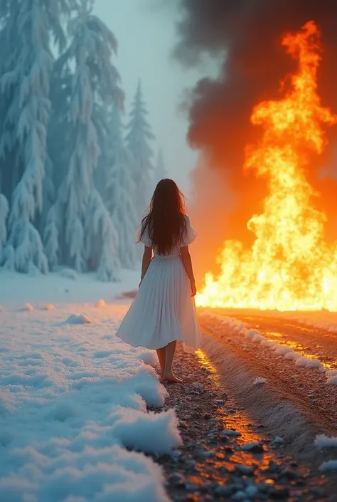 Scene Description: The scene transitions to a figure standing at the boundary between ice and fire. On the left is a frost-covered wasteland, and on the right are roaring flames, creating a stark contrast. The figure stands in the middle, leaning slightly ...