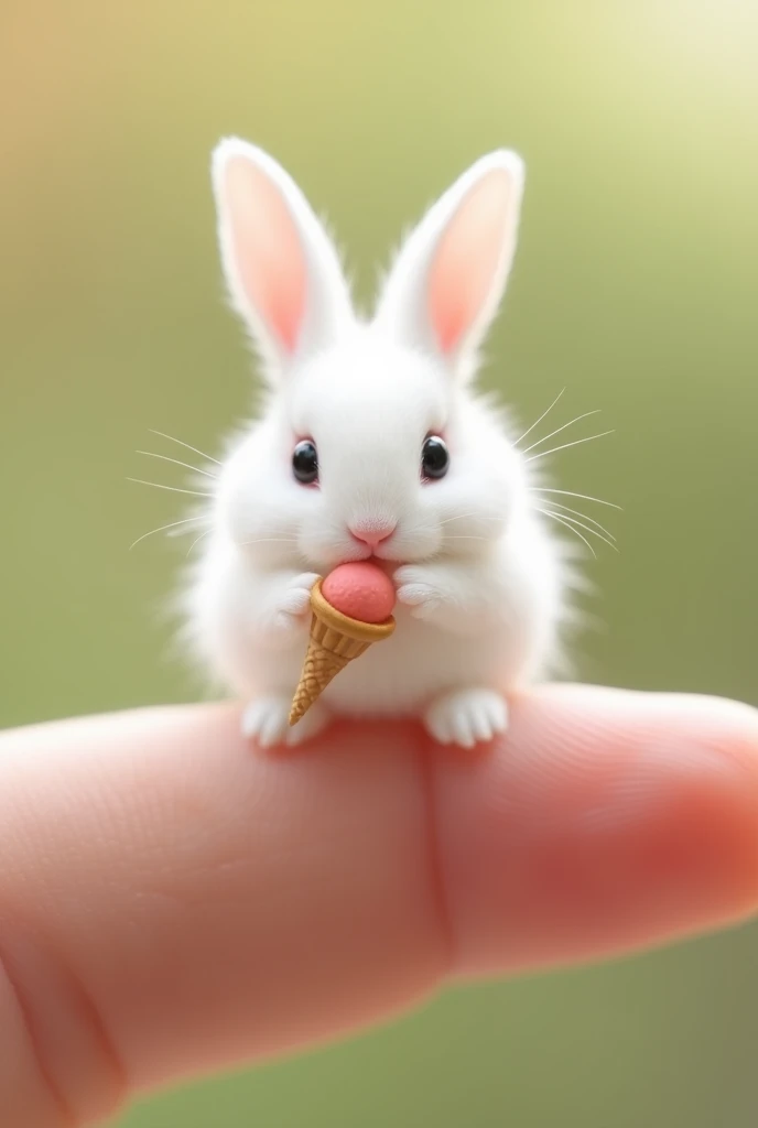 There is a little bunny on the finger ， Little Minzis body is the size of a nail cover ，White furry， It holds a small object similar to ice cream in its mouth。Natural background blurry ， to highlight the cute image of Little Minzi 。 a clear cute image of a...