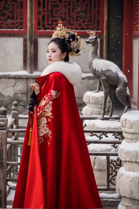  A woman in a red dress with a white fur collar,  Dressed in a luxurious royal cape ,  wearing a red fur cape ,  wearing a gorgeous silk cape , Hanfu, Wearing a gorgeous cape , palace ，  girl in Hanfu,  traditional Chinese  clothing, The Queen of China ,  ...