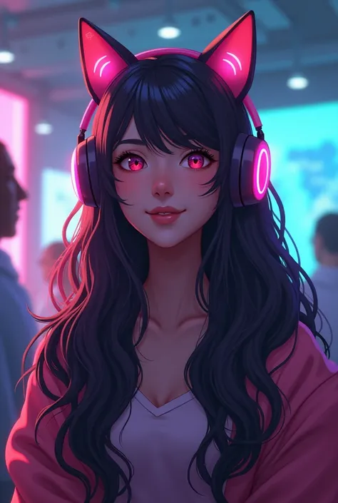 The person wearing the cat ears that are headphones is a YouTuber with long hair.