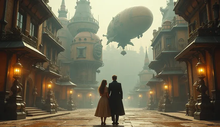 best qualtiy，tmasterpiece， super high resolution，（realisticlying：1.4）， absurderes ，（1 couple standing in the manor，（Eye focus），sface focus, Clear facial features），（koh_amberheard：0.8），1 best long shot photo of Mechanical Airship Manor，Fantasy sci-fi vehicl...