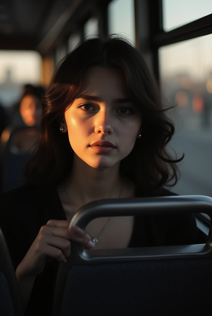 Portrait photography masterpiece, black and white light color, master composition, scene atmosphere, evening bus, sitting a graceful girl, golden glow on the face, light and shadow atmosphere, full of light and shadow, shadow, occlusion, slow shutter, virt...