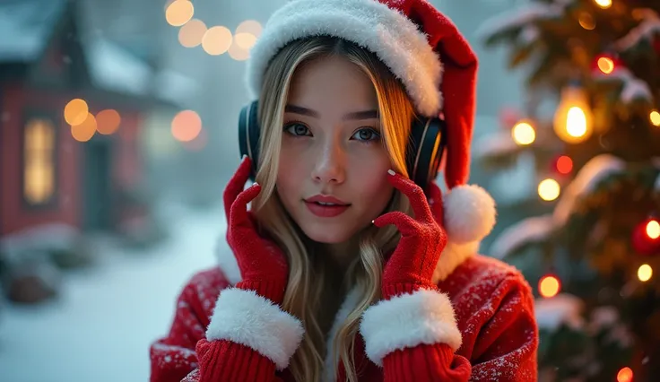 Beautiful young woman in Santa Claus clothes and headphones over Christmas background